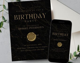 Editable Black and Gold Birthday Invitation for Men, Printable Luxury Black Birthday Party Invitation, Classy Marble Text Invite Template