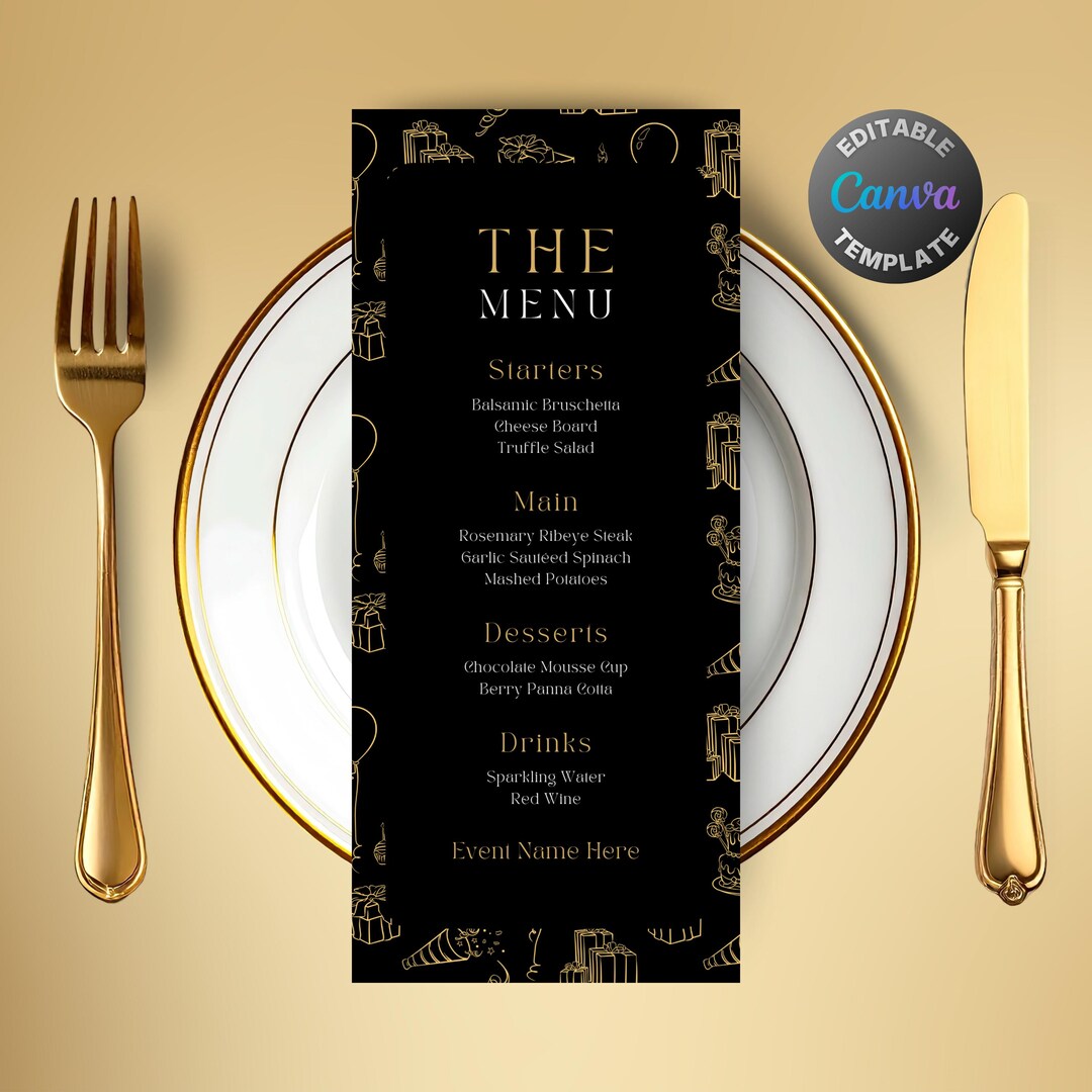 Editable Black Gold Party Menu, Printable Luxury Dinner Menu, Classy ...