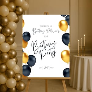 Editable White and Gold Birthday Welcome Sign, Printable All White Birthday Party Sign, Elegant Gold Balloons Birthday Poster Template