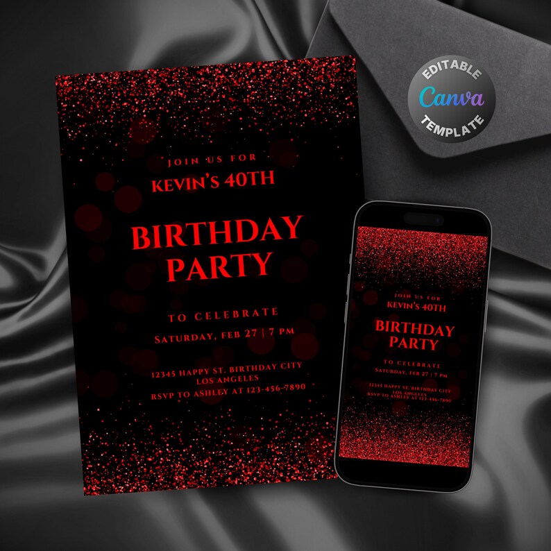 Editable Red and Black Birthday Invitation, Printable Red Sparkle ...