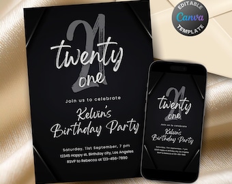 Editable Black and White Birthday Invitation for Men, Printable Black and Silver Birthday Party Invitation, Classy Text Invite Template