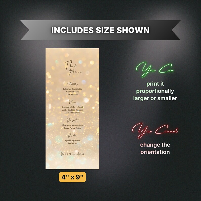 Editable All Gold Menu, Printable Gold Glitter Dinner Menu, Elegant ...