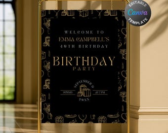 Editable Black and Gold Birthday Welcome Sign, Printable Golden Gifts Birthday Party Sign, Elegant Black Gold Birthday Poster Template