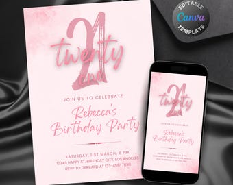 Editable Pink Birthday Invitation for Women, Printable All Pink Birthday Party Invitation, Elegant Pink Watercolor Text Invite Template