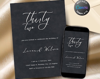 Editable Charcoal Gray Birthday Invitation, Printable Shades of Grey Birthday Party Invitation, Formal Gray and Black Text Invite Template