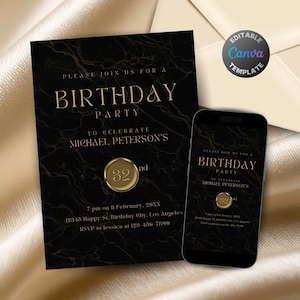 Editable Black and Gold Birthday Invitation for Men, Printable Luxury Black Birthday Party Invitation, Classy Marble Text Invite Template