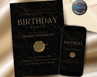 Editable Black and Gold Birthday Invitation for Men, Printable Luxury Black Birthday Party Invitation, Classy Marble Text Invite Template