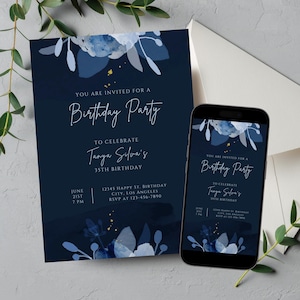 Editable Royal Blue and Gold Floral Invitation, Royal Blue