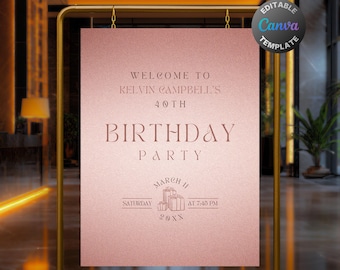 Editable Rose Gold Birthday Welcome Sign for Women, Printable All Rose Gold Birthday Party Sign, Elegant Rose Gold Birthday Poster Template