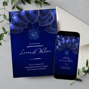 Editable Navy Balloons Birthday Invitation for Men, Printable Navy Blue Birthday Party Invitation, Classy Blue Balloons Text Invite Template