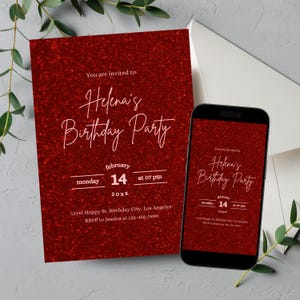 Editable All Red Birthday Invitation for Women, Feminine Ruby Red Glitter Bday Party Invite, Shades of Red Sparkle Digital Evite Template