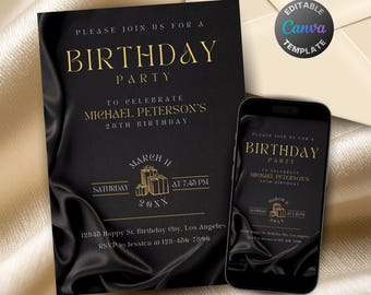 Editable Black and Gold Birthday Invitation, Printable All Black Birthday Party Invitation, Elegant Satin Silk Text Invite Template