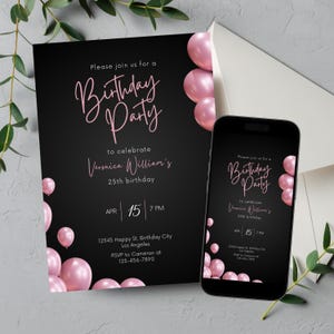 Editable Pink Balloons Birthday Invitation, Printable Black and Pink Birthday Party Invitation, Elegant Balloons Text Invite Template