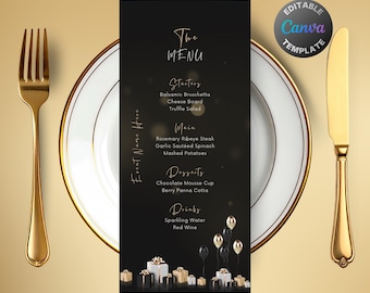 Bearbeitbares Schwarzgold-Menü, druckbares Gold Sparkle-Abendmenü, edles Gold- und Schwarzpartymenü, luxuriöse Schwarz-Geburtstagsmenüvorlage