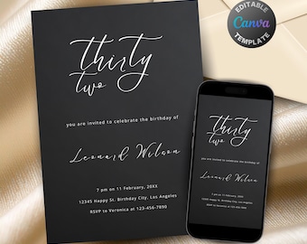 Editable Charcoal Gray Birthday Invitation, Printable Shades of Grey Birthday Party Invitation, Formal Gray and Black Text Invite Template
