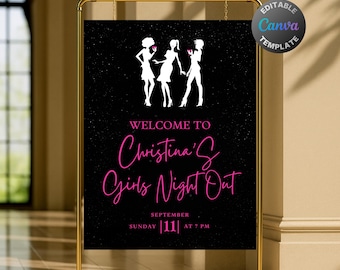 Editable Girls Night Out Welcome Sign, Printable Pink Black Cocktail Party Welcome Poster for Women, Stylish Ladies Night Theme Template
