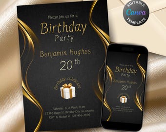 Editable Black and Gold Birthday Invitation, Printable Gold Black Birthday Party Invitation, Classy Golden Gift Text Invite Template