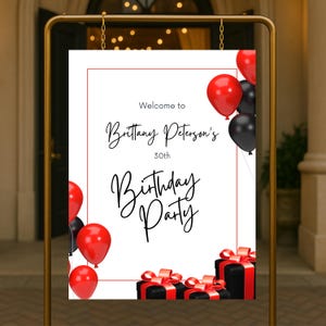 Letrero de bienvenida de cumpleaños editable con globos rojos, letrero imprimible blanco y rojo para fiesta de cumpleaños, elegante plantilla de póster de cumpleaños con globos carmesí