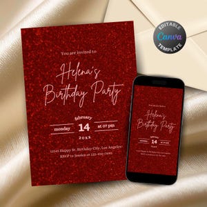 Invitación de cumpleaños editable completamente roja para mujer, invitación femenina con brillo rojo rubí, plantilla digital de Evite con tonos rojos brillantes