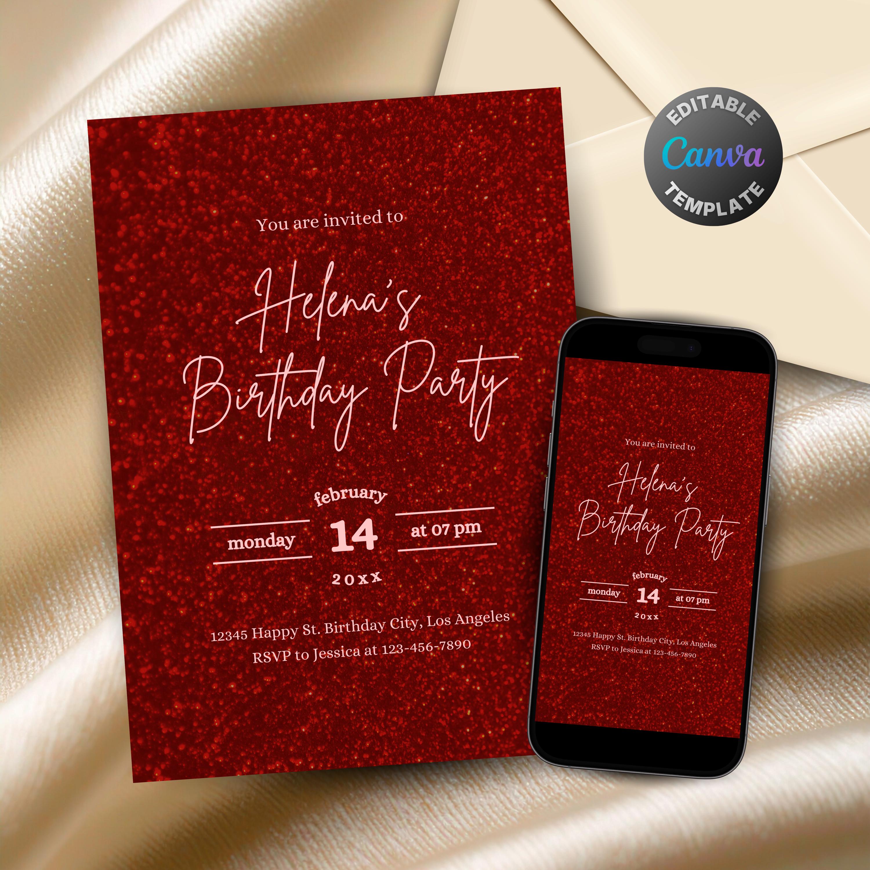 Ruby Ball Invite Editable All Red Birthday Invitation for Women, Feminine Ruby Red ...