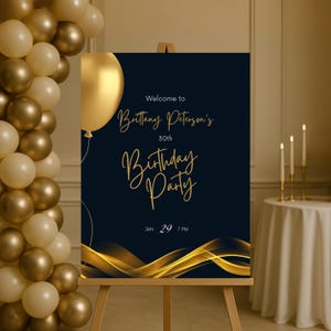 Editable Navy and Gold Birthday Welcome Sign, Printable Navy Blue Birthday Party Sign, Elegant Gold Balloon Birthday Poster Template