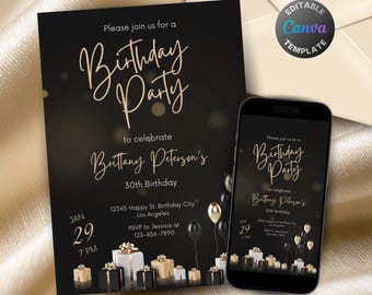 36 Inviti Di Compleanno Adulti A Tema Palloncini – Nero E Oro – Formato A6 (145x105mm) – Cartoncino 250g/m² – Stampati UK