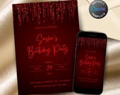 Editable Red Birthday Invitation for Women, Printable Hot Red Birthday Party Invitation, Classy Red Dripping Glitter Text Invite Template