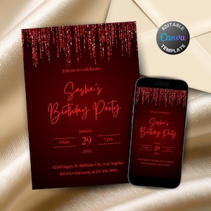 Invitación de cumpleaños roja editable para mujer, invitación imprimible para fiesta de cumpleaños en rojo intenso, plantilla elegante con texto rojo brillante.