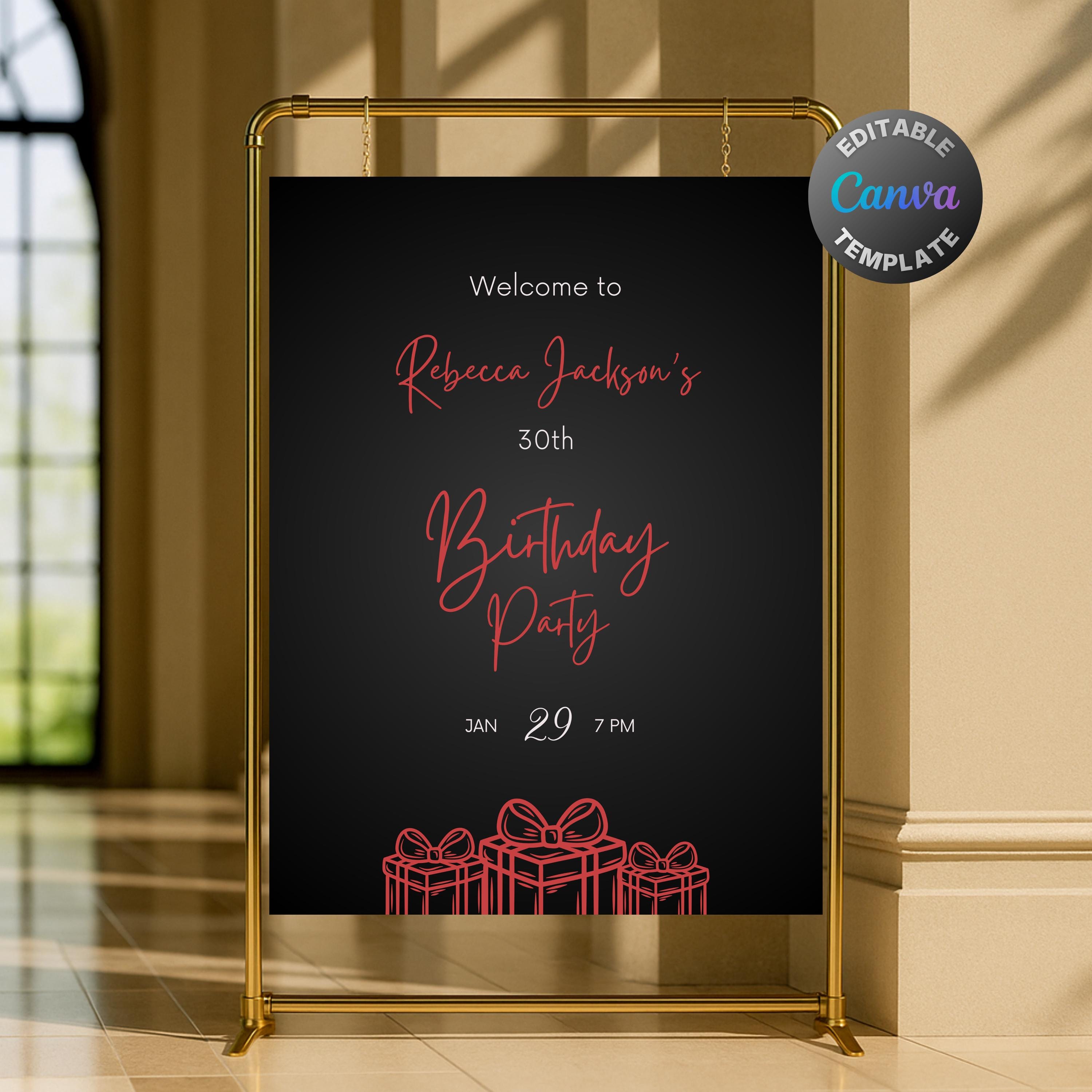 Editable Black and Ruby Red Birthday Welcome Sign, Printable Luxury ...