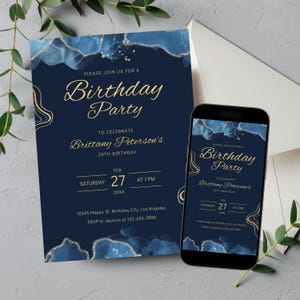 Editable Blue and Gold Birthday Invitation, Printable Shades of Blue Birthday Party Invitation, Elegant Navy Blue Text Invite Template
