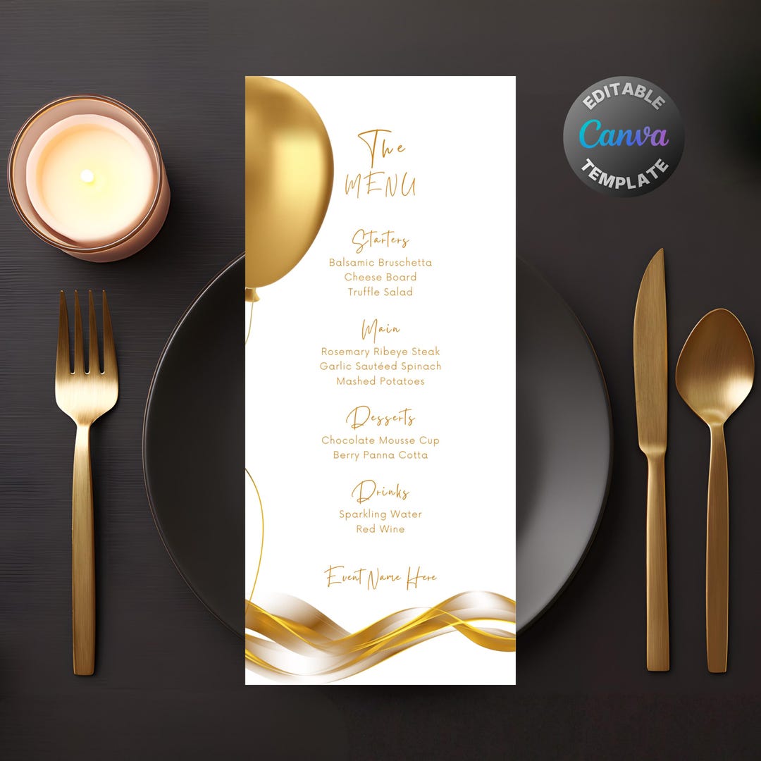 Editable Gold White Menu, Printable Golden Dinner Menu, Elegant ...
