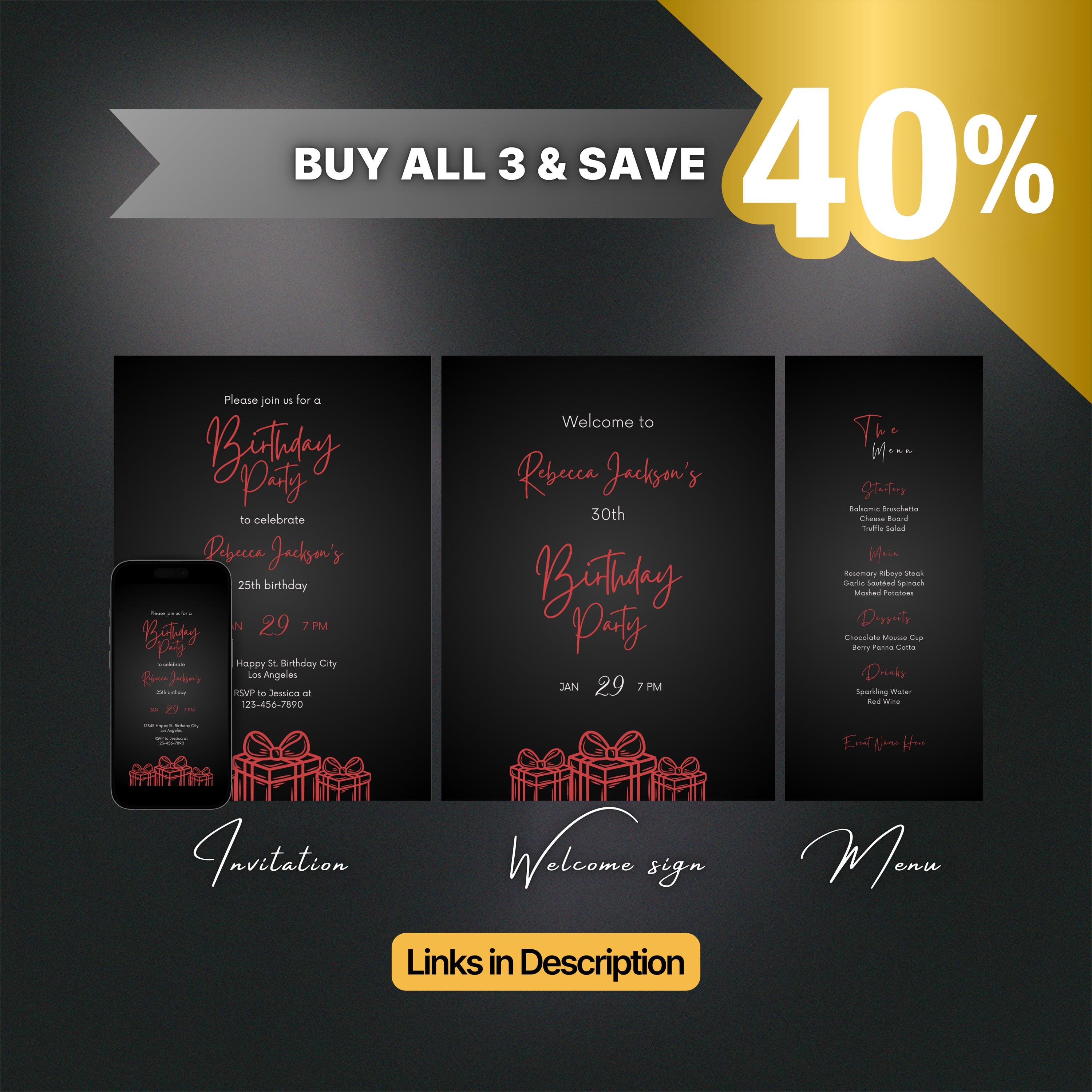 Ruby Ball Invite Editable Black and Ruby Red Birthday Invitation, Printable Luxury Black ...