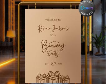 Letrero de bienvenida de cumpleaños editable en tonos marrones, letrero imprimible para fiesta de cumpleaños totalmente marrón, plantilla elegante de póster de cumpleaños en tonos melanina.