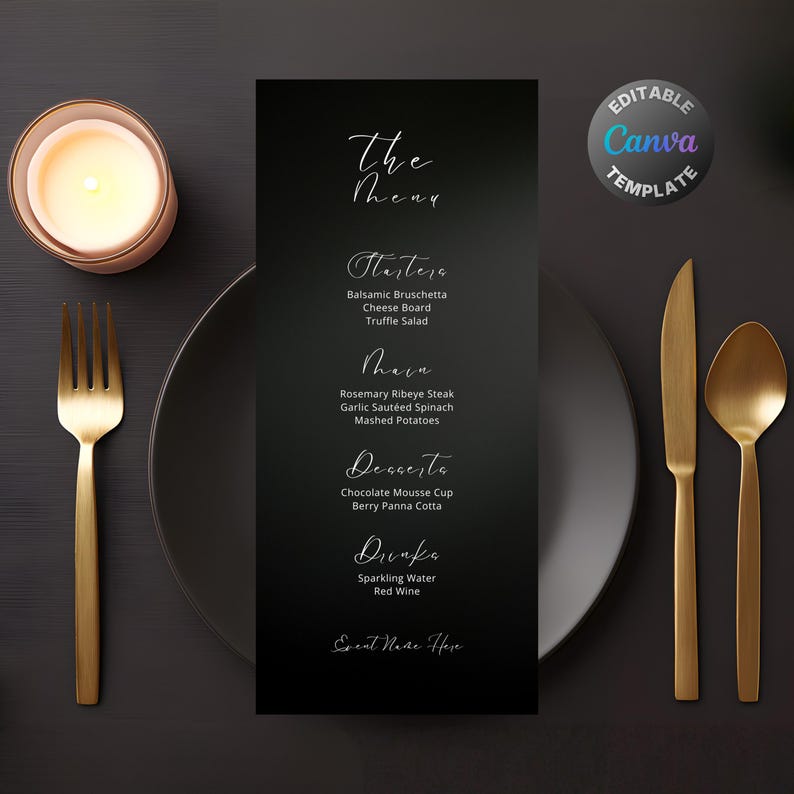 Editable Black Menu, Printable Silver Dinner Menu, Classy Black and ...