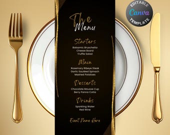 Bearbeitbares Schwarz-Gold-Menü, druckbares Gold-Schwarz-Abendmenü, edles Gold Sparkle-Partymenü, luxuriöse Gold-Geburtstagsmenüvorlage