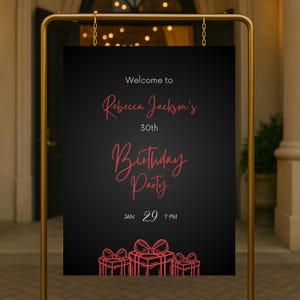 Editable Black and Ruby Red Birthday Welcome Sign, Printable Luxury Black Birthday Party Sign, Classy Red Gifts Birthday Poster Template