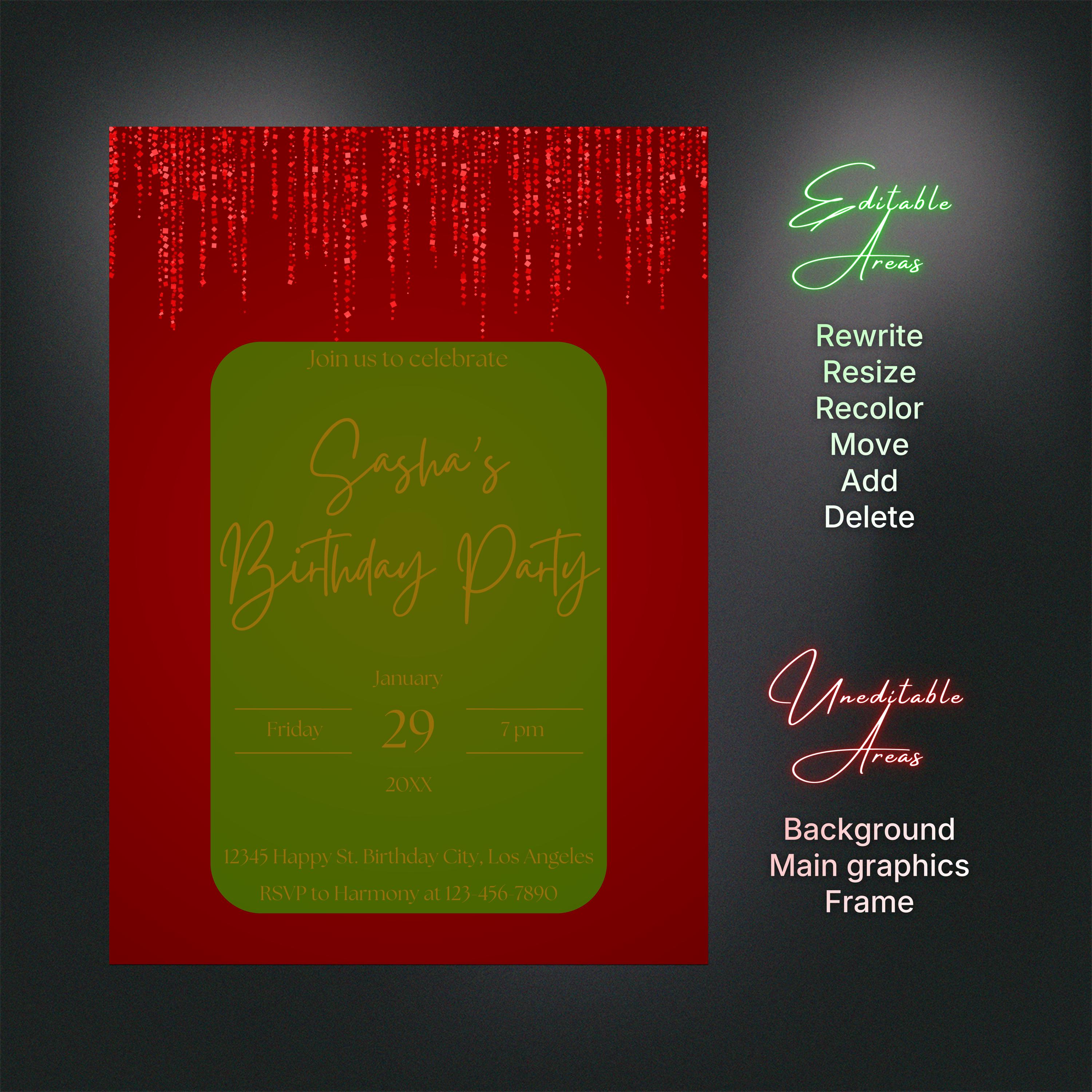 Editable Red Birthday Invitation for Women, Printable Hot Red Birthday ...