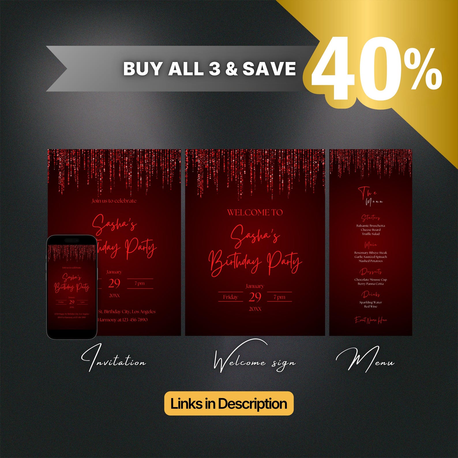 Editable Red Birthday Invitation for Women, Printable Hot Red Birthday ...