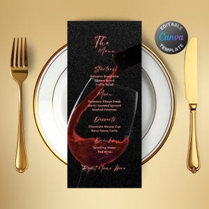 May include: A menu card with a black background and a wine theme. The menu lists starters, main courses, desserts, and drinks. A wine glass is filled with red wine. A gold fork and knife are on a white plate with a gold rim.