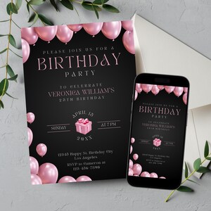 Editable Black and Pink Birthday Invitation, Printable Pink Balloons Birthday Party Invitation, Elegant Pink Gifts Text Invite Template