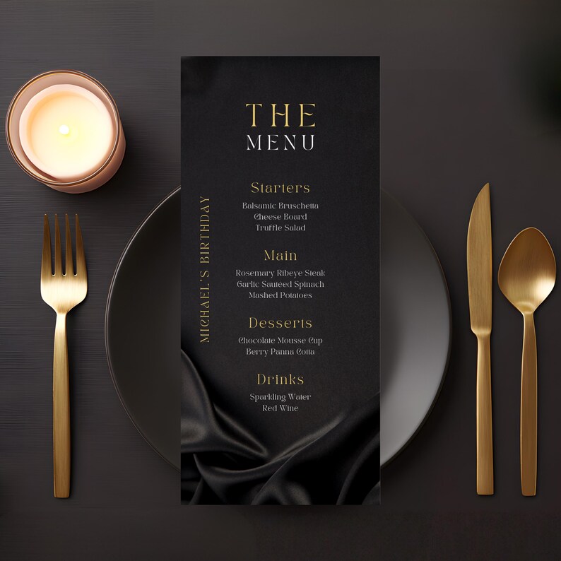 Editable Black Satin Gold Menu, Printable Black Gold Dinner Menu ...