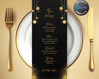 Bearbeitbares Schwarz-Gold-Menü, druckbares Gold-Glitter-Abendmenü, edles Gold-Schwarz-Partymenü, luxuriöse Schwarz-Geburtstagsmenüvorlage