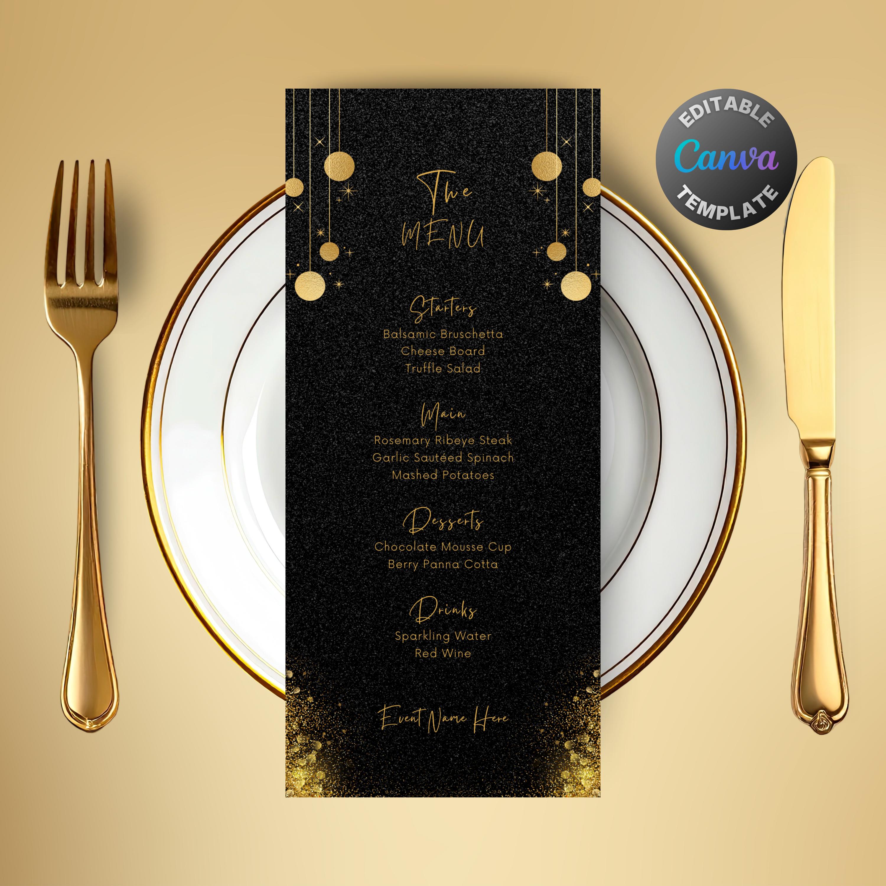 Editable Black and Gold Menu, Printable Gold Glitter Dinner Menu ...
