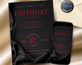 Editable Black and Red Birthday Invitation, Printable All Black Birthday Party Invitation, Classy Black Satin Silk Text Invite Template