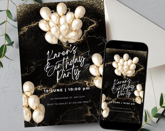Invitación de cumpleaños editable en dorado negro, invitación imprimible con globos dorados, plantilla elegante con texto brillante de mármol.
