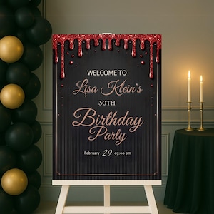 Editable Red Glitter Birthday Welcome Sign, Feminine Bloody Red Dripping Glitter Party Poster, Black and Red Digital Decoration Template