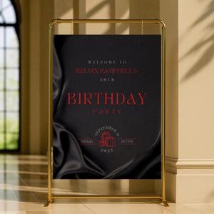 Editable Black and Red Birthday Welcome Sign, Printable All Black Birthday Party Sign, Classy Black Satin Silk Birthday Poster Template