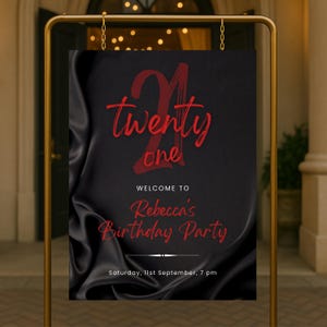Editable Black and Red Birthday Welcome Sign, Printable Black and Hot Red Birthday Party Sign, Classy Satin Silk Birthday Poster Template