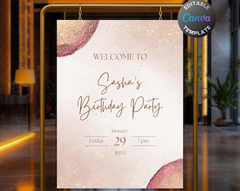 Editable Rose Gold Welcome Sign for Women, Printable Rose Gold and Gold Birthday Party Welcome Poster, Gold Glitter Text Decoration Template