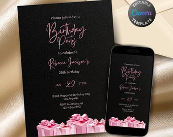 Editable Black and Pink Birthday Invitation for Women, Printable Black Pink Birthday Party Invitation, Classy Gifts Text Invite Template